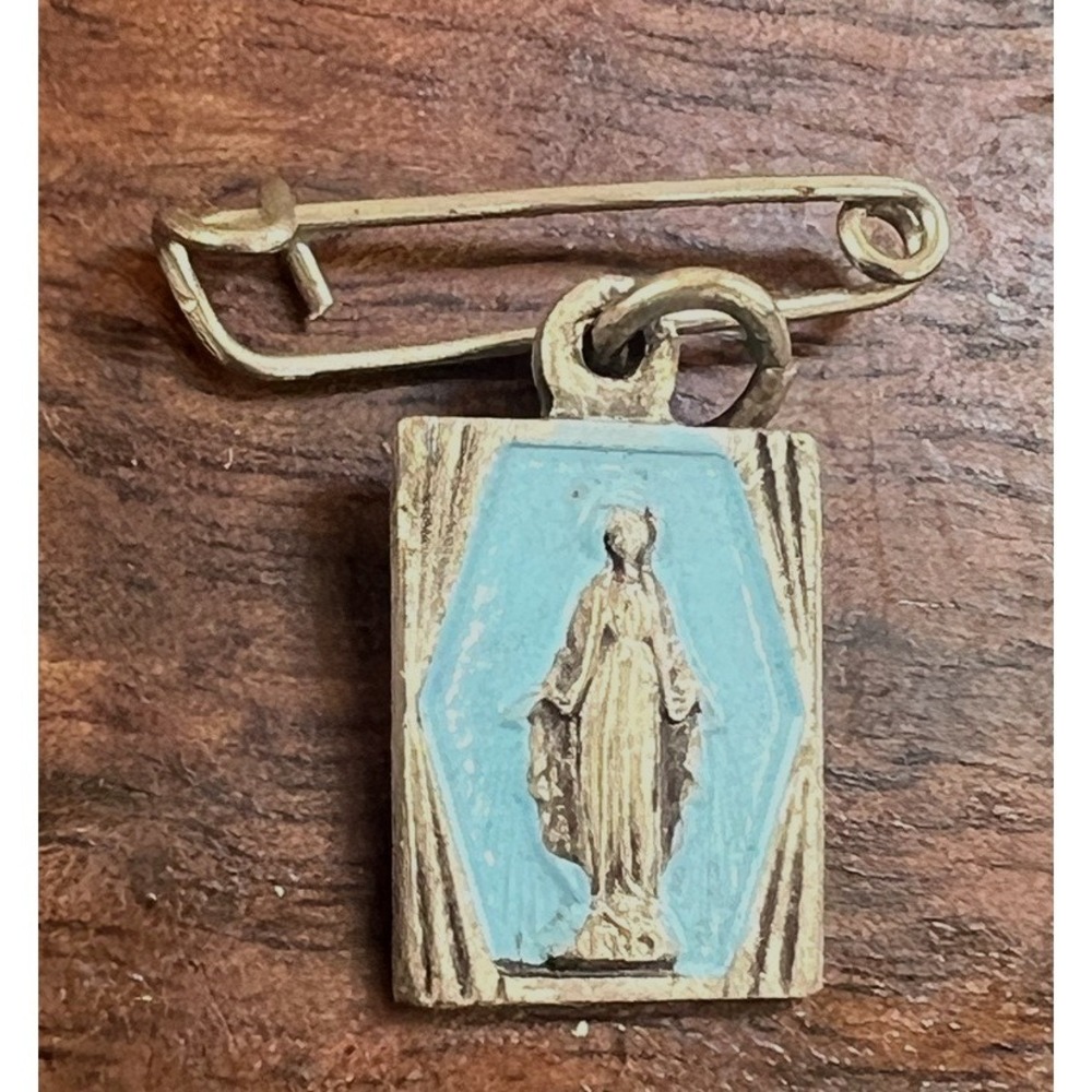 Vintage Miraculous Medal Pin Made in Italy Blue Enamel Catholic Marian Devotion